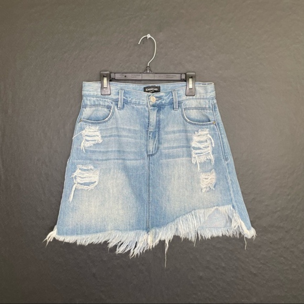Bebe Denim Short Skirt Size 29 Light Wash Aysemmetrical Distressed 90s Y2K Retro